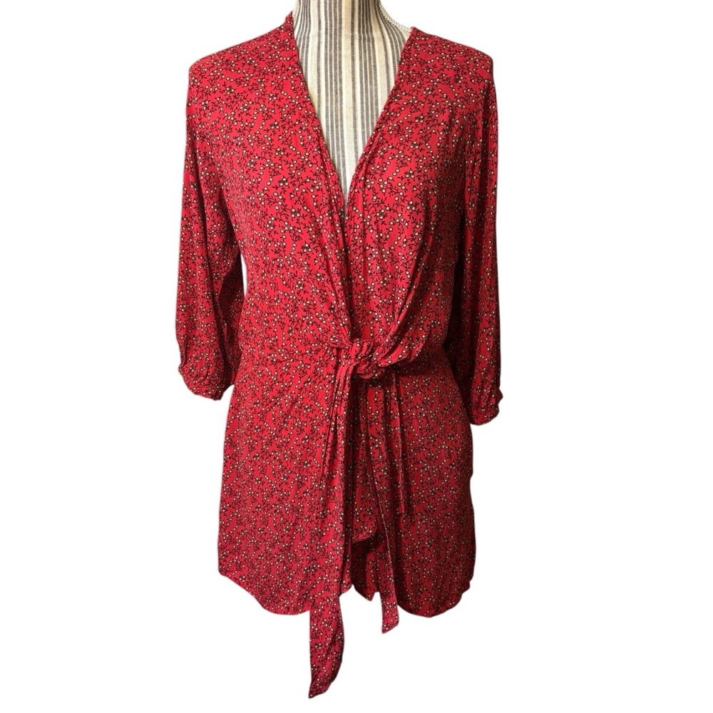 Free People Clara Mini Dress Medium Red Ditzy Floral Tunic Faux Wrap Front Ties